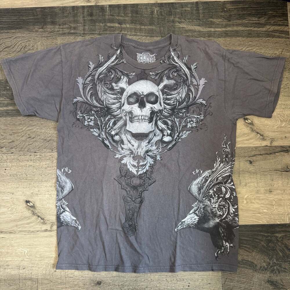 MMA Elite Vintage Y2K Skull and Eagle Graphic Gray T-Shirt Size L
